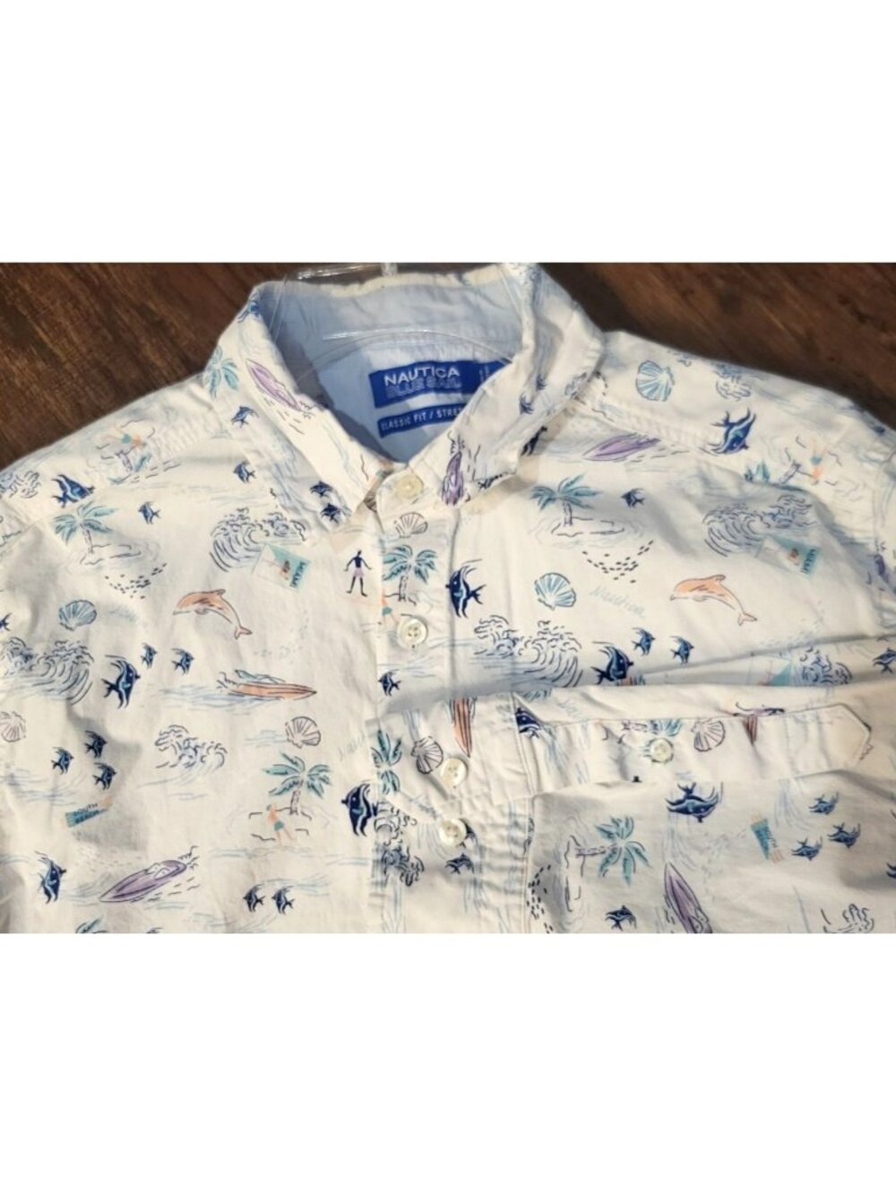 Nautica Blue Sail Long Sleeve Cotton Blend Shirt Medium Tropical Beach Nautical